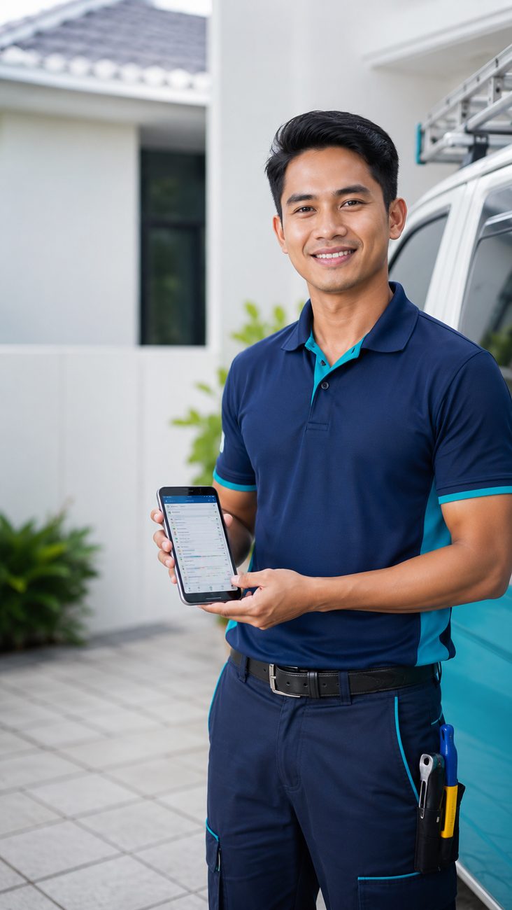 A field-service technician with a tablet beside his van