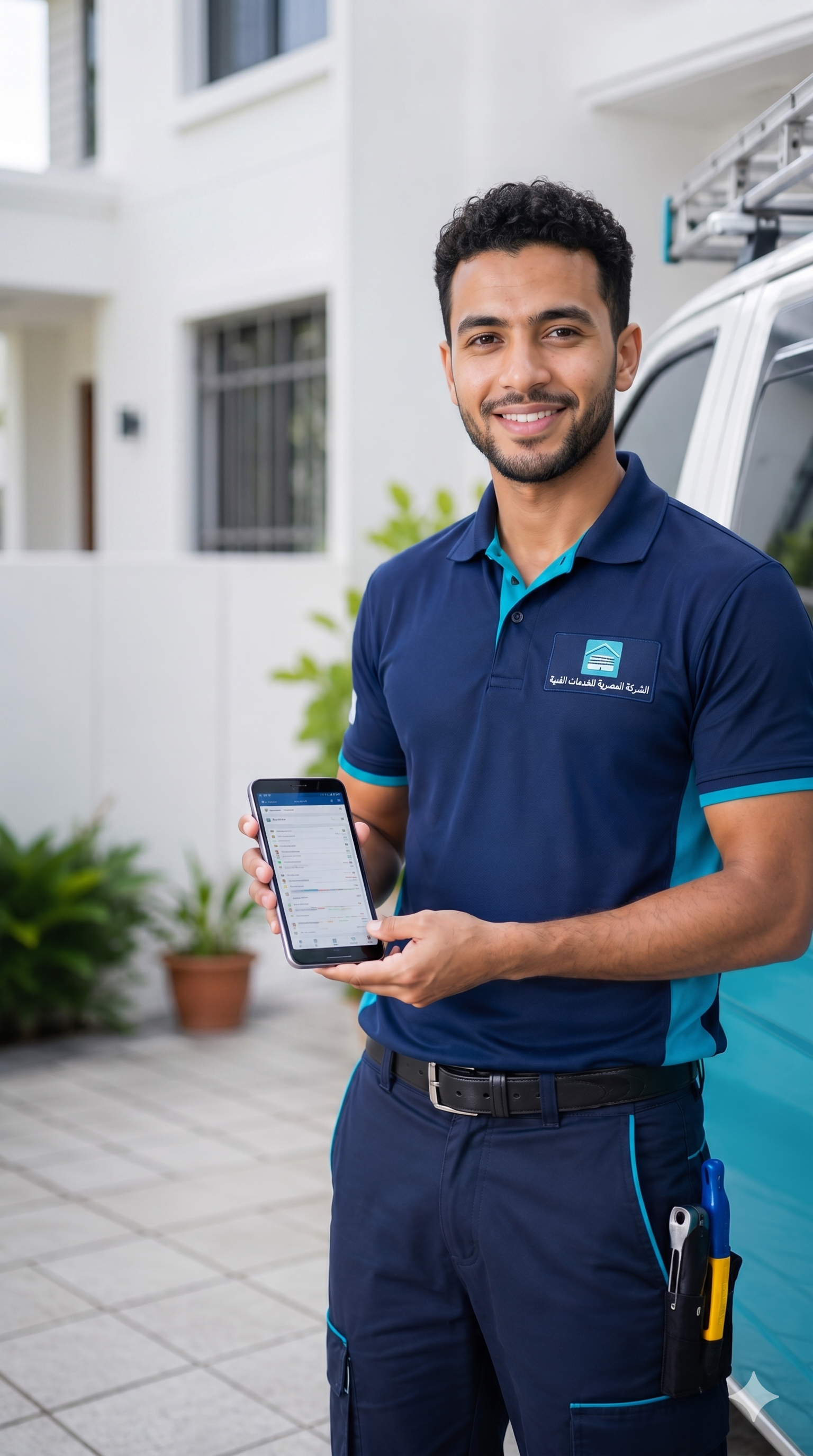 A field-service technician holding a tablet beside his van