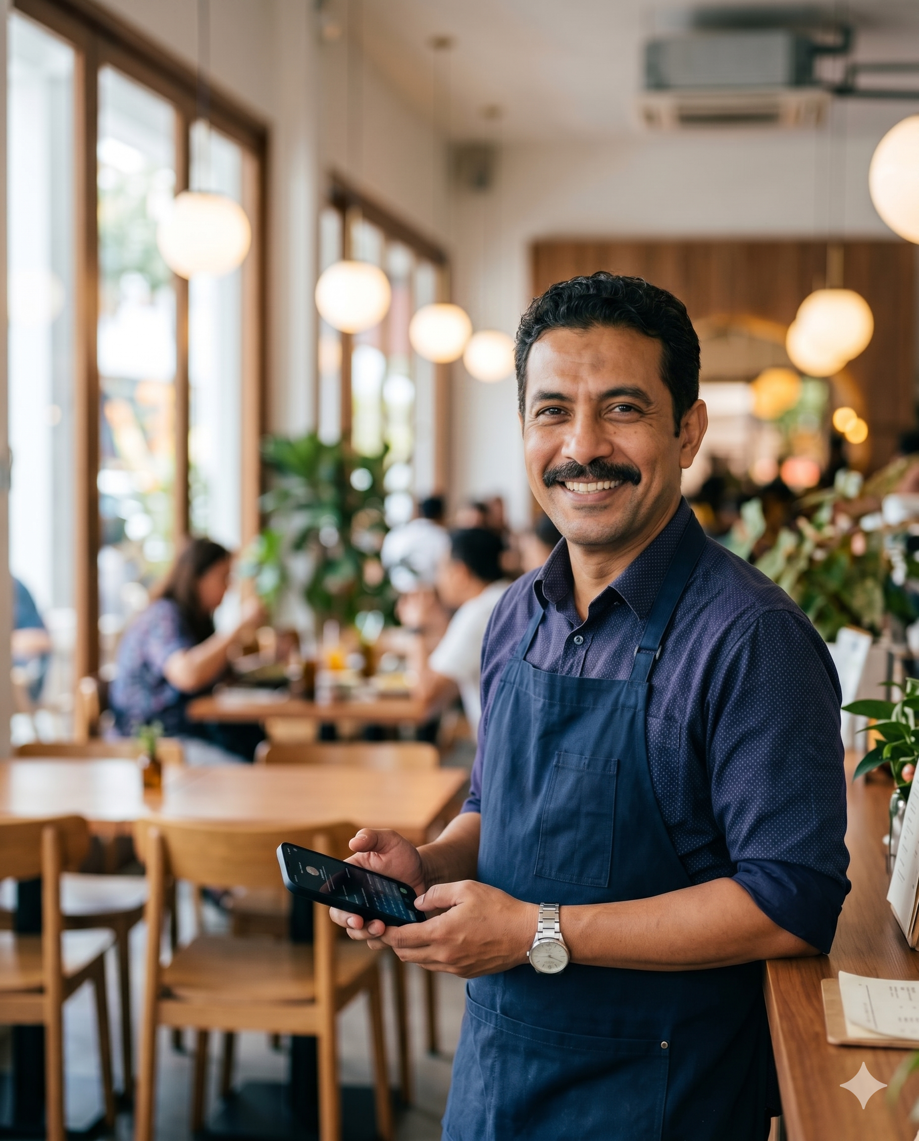 A restaurant owner on the floor, taking an order on WhatsApp